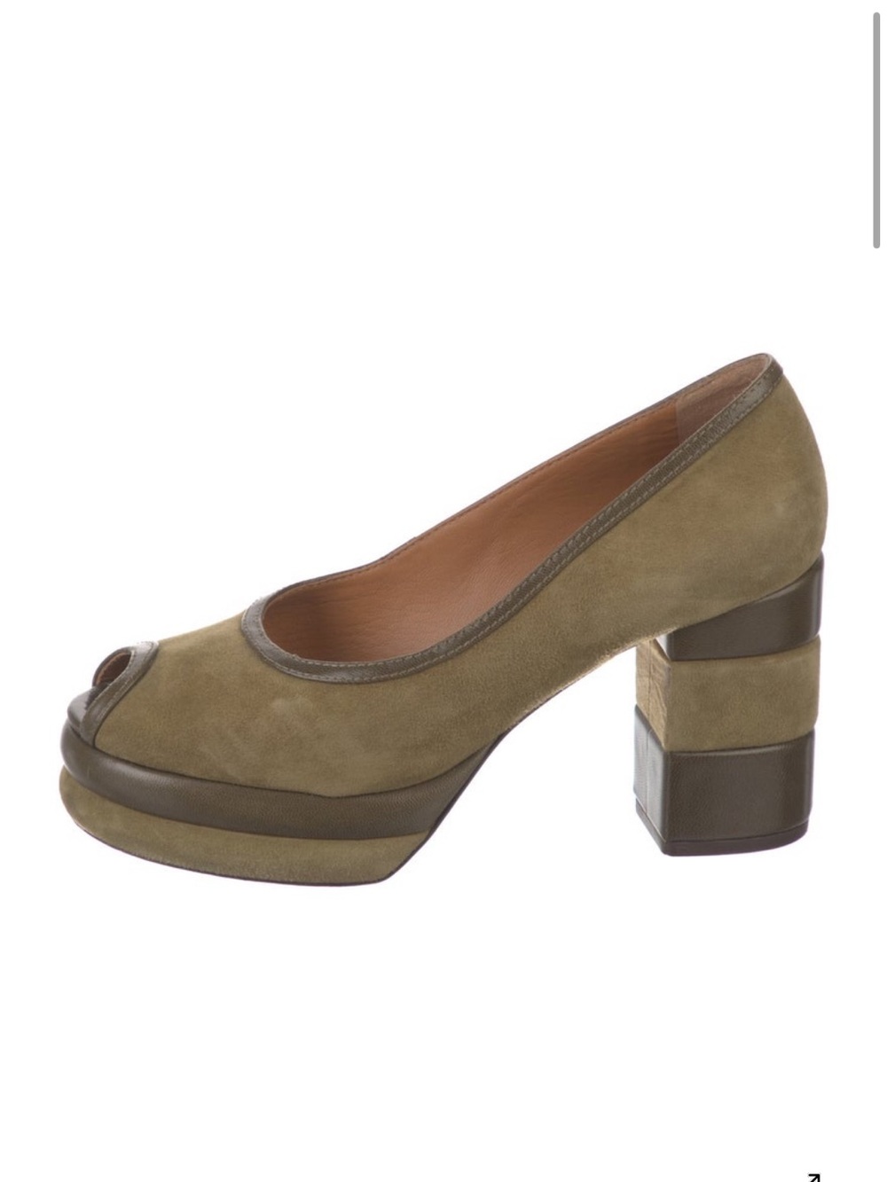 Tory Burch Olive Suede Peep-Toe Block Heel Pumps